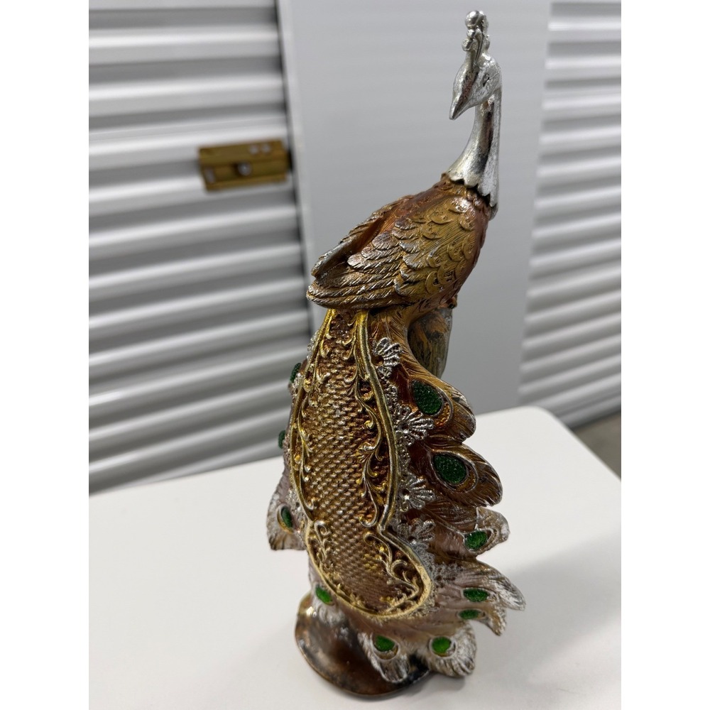 Vintage Style Ornate Metallic Peacock Figurine Copper Gold Silver Green Gems